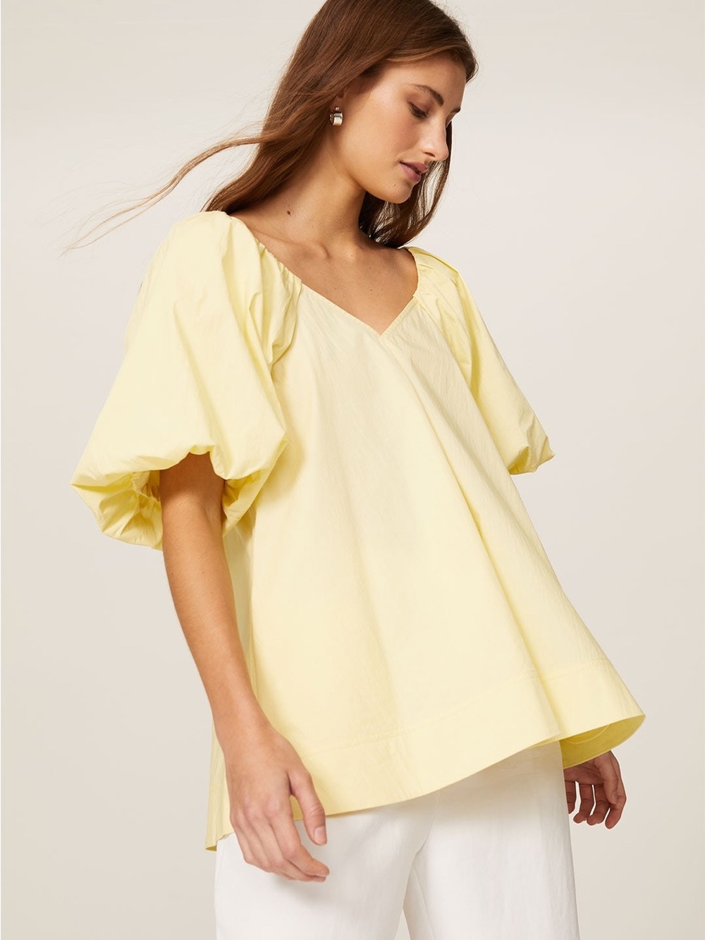 CO Pale Yellow Puff Sleeve V-Neck Blouse